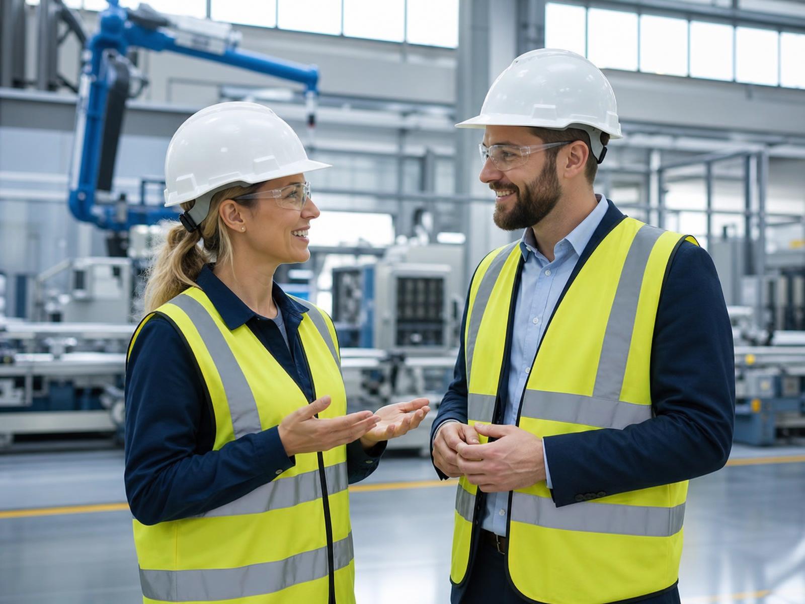 Equipes com EPI em ambiente industrial, segurança e trabalho em equipe